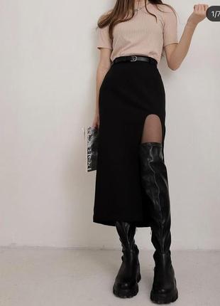 Чорна міді спідниця з розрізом трендова трендовая миди юбка черная с разрезом