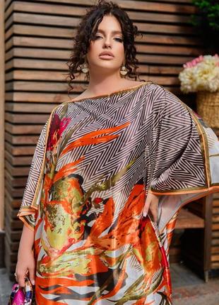 Пляжная туника накидка парео пончо oversize принт шелк