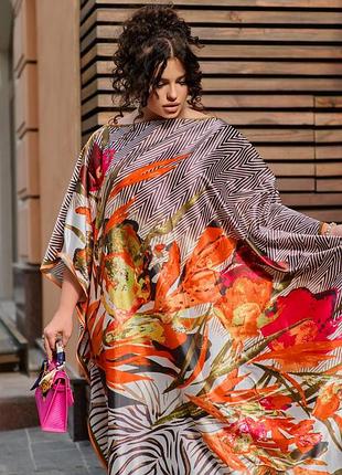 Пляжная туника накидка парео пончо oversize принт шелк