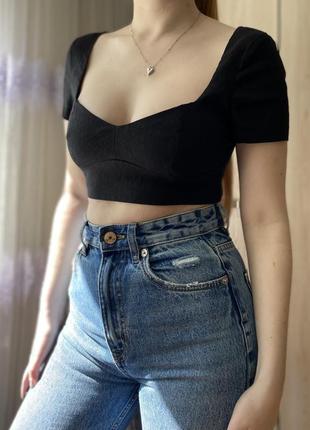 Короткий чорний топ zara із красивою спиною, льон в складі