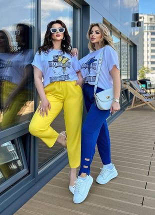 Літній брючний костюм з принтованою майкою
кольори штанів: жовтий, блакитний, оливка, синій, мокко, слива