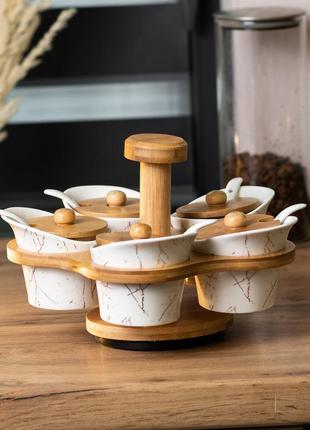 Набір для сипучих продуктів 5 банок по 120 на бамбуковій підставці білий