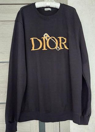 Чёрный котоновый свитшот, трех нитка, унисекс dior с вышитым буквами и булавкой(размер xl-xxl)