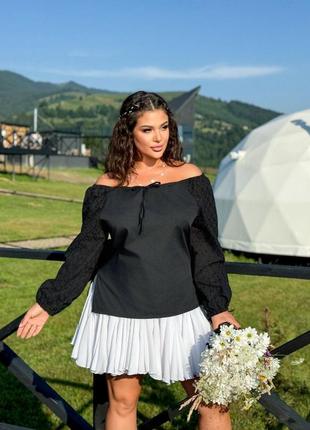 Изысканная блуза из прошвы черная хлопковая с длинным рукавом и открытыми плечами