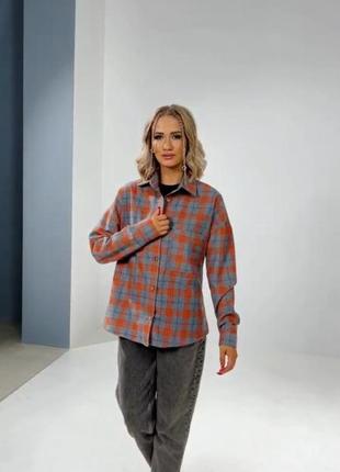 Сорочка з бавовни подовжена оверсайз у клітинку рубашка бежева рожева синя помаранчева  базова трендова стильна
