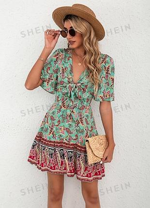 Мини платье в цветочный бананый принт от shein с завязкой на груди