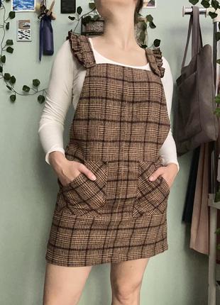 Коричневий сарафан міні в клітинку