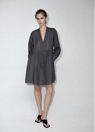 Графитовое платье хлопковое платье оверсайз короткое широкое с карманами zara