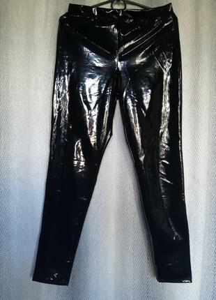 Супер виниловые латексные лосины леггинсы черные штаны на резинке высокая талия лаковые латекс