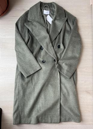 Нове зелене коричневе оливкове двубортне пальто хакі reserved4 фото