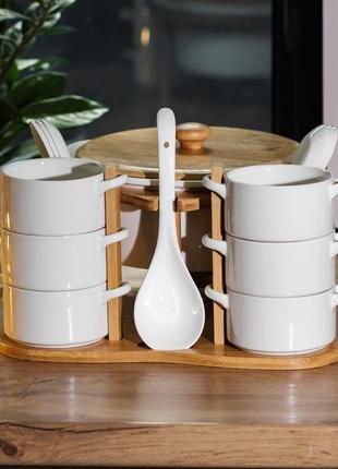 Суповий сервіз на 6 персон з ложками на бамбуковій підставці білий