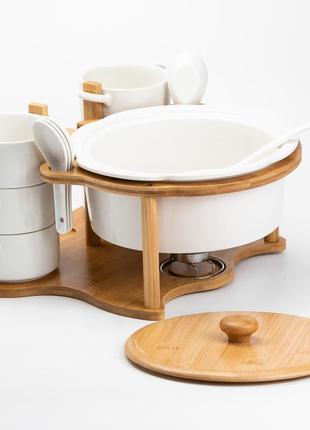 Суповий сервіз на 6 персон з ложками на бамбуковій підставці білий