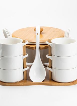 Суповий сервіз на 6 персон з ложками на бамбуковій підставці білий