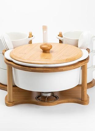 Суповий сервіз на 6 персон з ложками на бамбуковій підставці білий