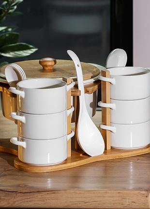 Суповий сервіз на 6 персон з ложками на бамбуковій підставці білий