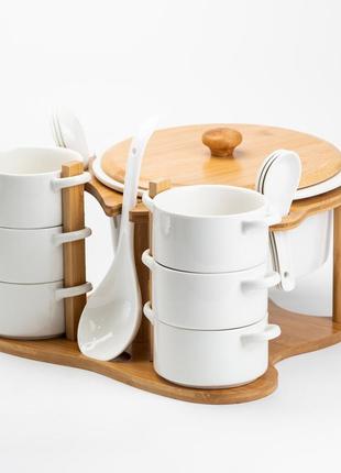 Суповий сервіз на 6 персон з ложками на бамбуковій підставці білий