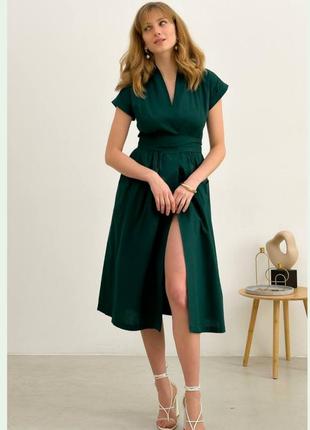 Сукня бавовняна жіноча на запах з широким поясом приталена а силуету міді плаття халат кімоно чорне смарагдове пудрове поплін батал