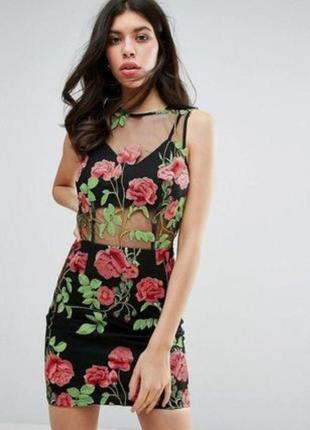Шикарное черное платье из фатина с цветочной вишивкой от missguided 46