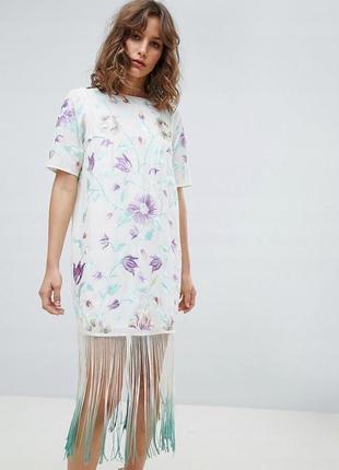 Сукня міді з вишивкою й оздобленням бахромою asos design
