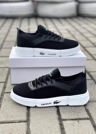 Чоловічі кросівки  з тканини сітки lacoste чорні+біла підошва
