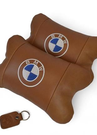 Комплект автоподушок 2шт з натуральної коричневої шкіри для bmw. ортопедична подушка в авто бмв