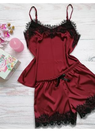 Нова жіноча шовкова піжама з мереживом майка шорти