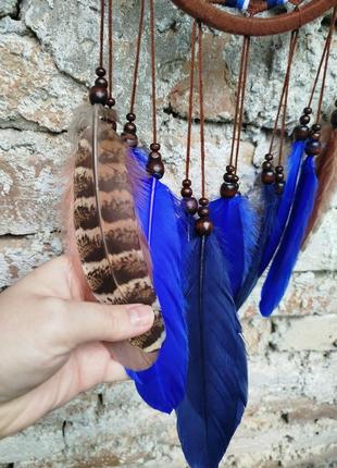 Ловец снов четыре стихии - вода коричневый синий с натуральными перьями