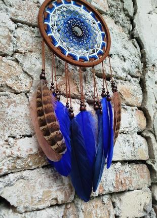Ловец снов четыре стихии - вода коричневый синий с натуральными перьями