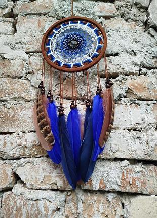Ловец снов четыре стихии - вода коричневый синий с натуральными перьями