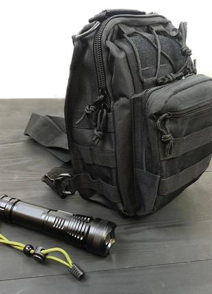 Набір: армійська чорна сумка + тактичний ліхтар професійний police bl-x71-p50