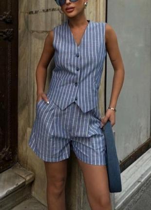 Женский летний костюм с шортами и жилетом в полоску в стиле zara