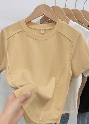 Футболка жіноча оверсайз укорочена з якісної щільної тканини бежева чорна стильна трендова базова