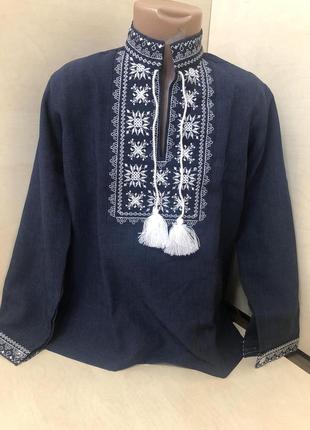 Сорочка вишиванка для хлопчика синій льон family look 104 110 116 122 128 134 140 146 152 158