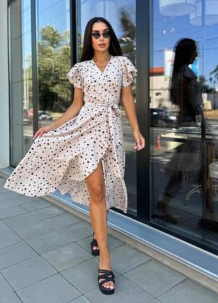 Сукня міді на запах у горошок приталена а силуету з поясом з рукавами крильцями з рюшами оборками чорна бежева бордова батал софт