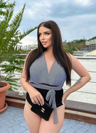 Женский купальник сплошной съемные чашки xl-4xl черный в полоску.
