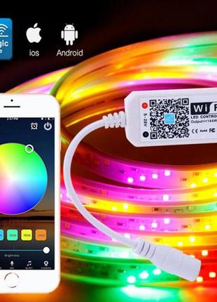 Світлодіодна стрічка smd 5050 rgb led 5 м ip65 з bluetooth wifi контролем. підключення 220v8 фото