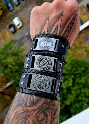 Кожаный мужской брутальный браслет в скандинавском стиле+подарок