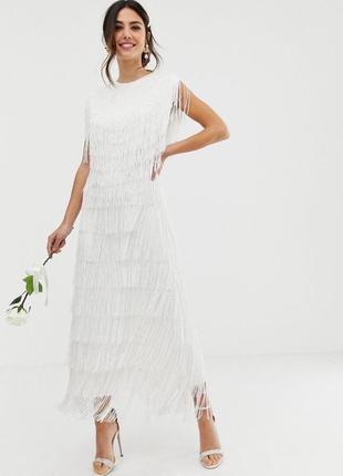 Платье макси свадебное  с бахромой гетсби asos edition