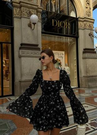 Женское шифоновое мини платье с широкими рукавами, корсетное, короткое платье с широкой юбкой, с цветочным принтом, шифон, летняя сарафан