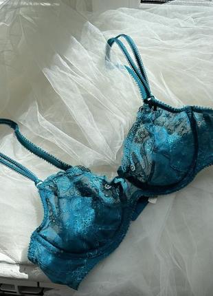 Кружевной бюстгальтер, тоненький бюстгальтер, бюстгальтер на косточках, бра бирюзовый