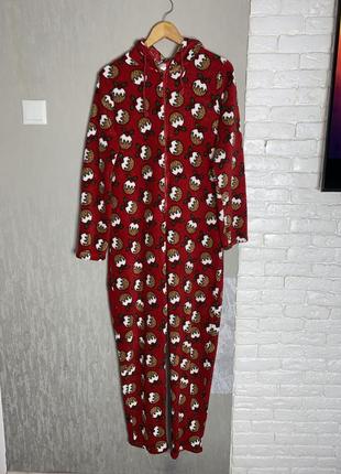 Плюшевое кигуруми с капюшоном тепла цельная пижама в новогодний принт cosy christmas, xxl -xxl 52-54