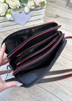 Жіноча стильна та якісна сумка з натуральної замші та еко шкіри чорна з червоним7 фото