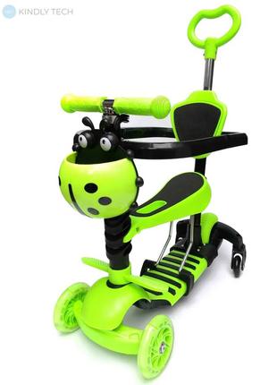 Детский самокат scooter божья коровка с родительской ручкой и бортиком зеленый6 фото
