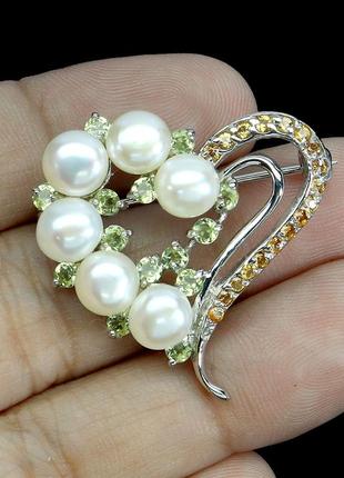 Брошь серебро 925 натуральный жемчуг перидот жемчуг