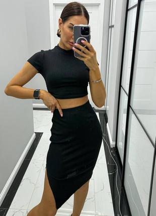 Костюм рубчик юбка миди и топ. юбка и футболка укороченная