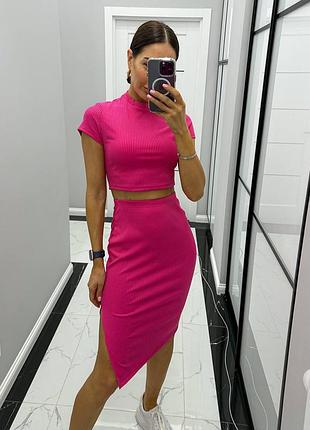 Костюм рубчик юбка миди и топ. юбка и футболка укороченная