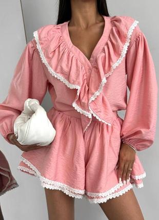 Преміальний рожевий комплект двійка шорти-спідниця+сорочка з воланами та мереживом хс с м л 42 44 46 48