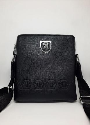 Чоловіча шкіряна сумка. чорна сумка philipp plein. подарунок чоловіку на день народження. брендова сумка