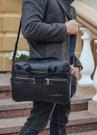Кожаная черная деловая сумка-портфель для ноутбука td-938306 фото