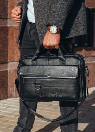 Шкіряна чорна чоловіча сумка-портфель для документів та ноутбука sk n432232 фото